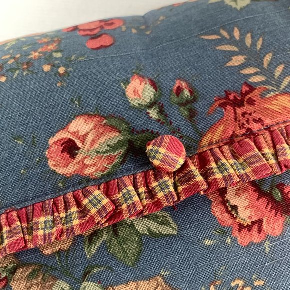Unbranded Blue Pillow Pink Roses Plaid Ruffle Button Detail 19" X 11" - Picture 4 of 6
